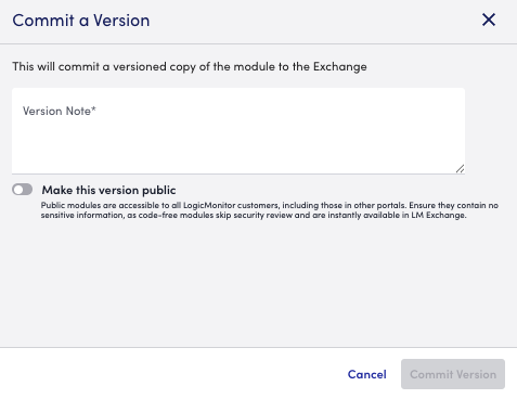 Commit a Version modal